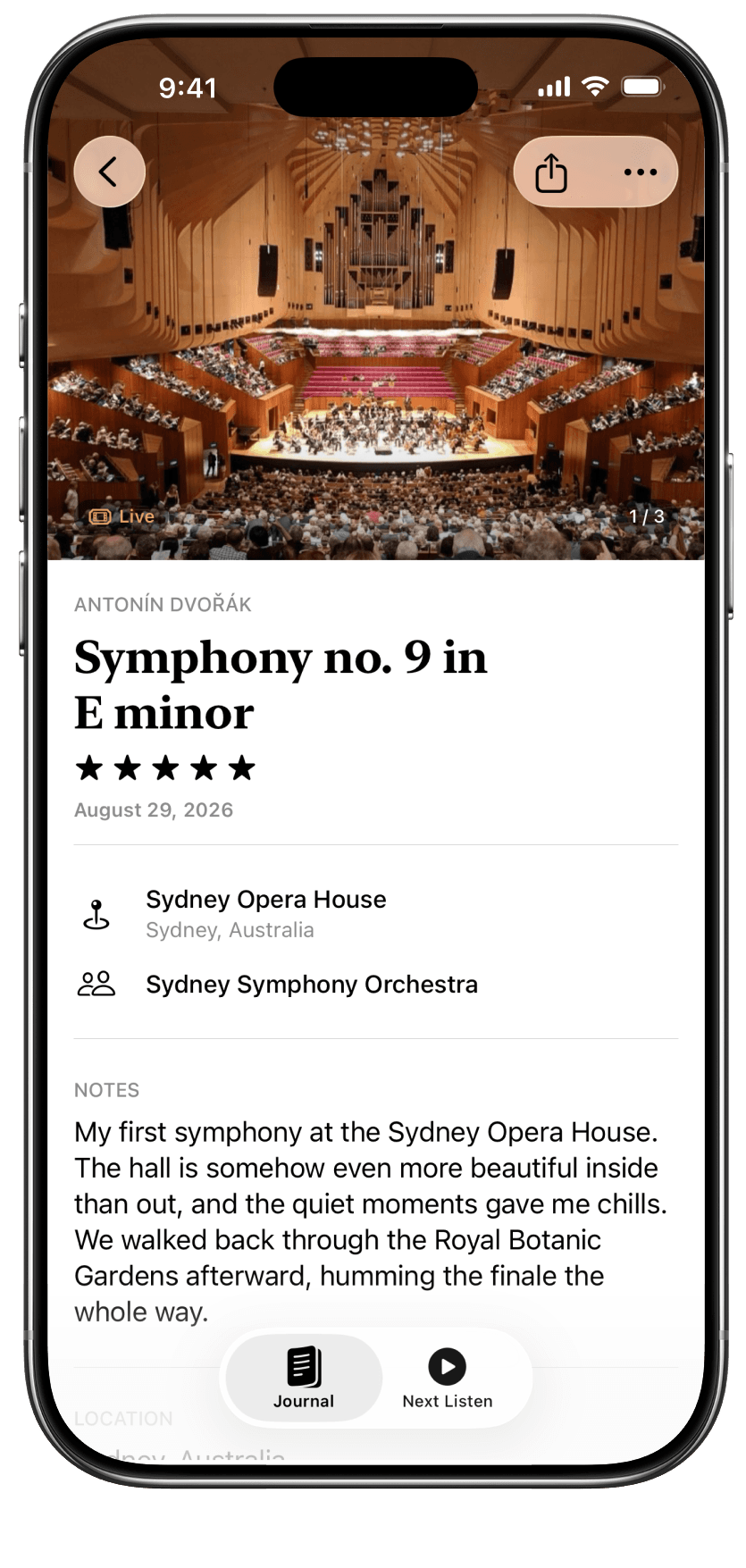 A live concert entry with photos, venue, performers, and a map